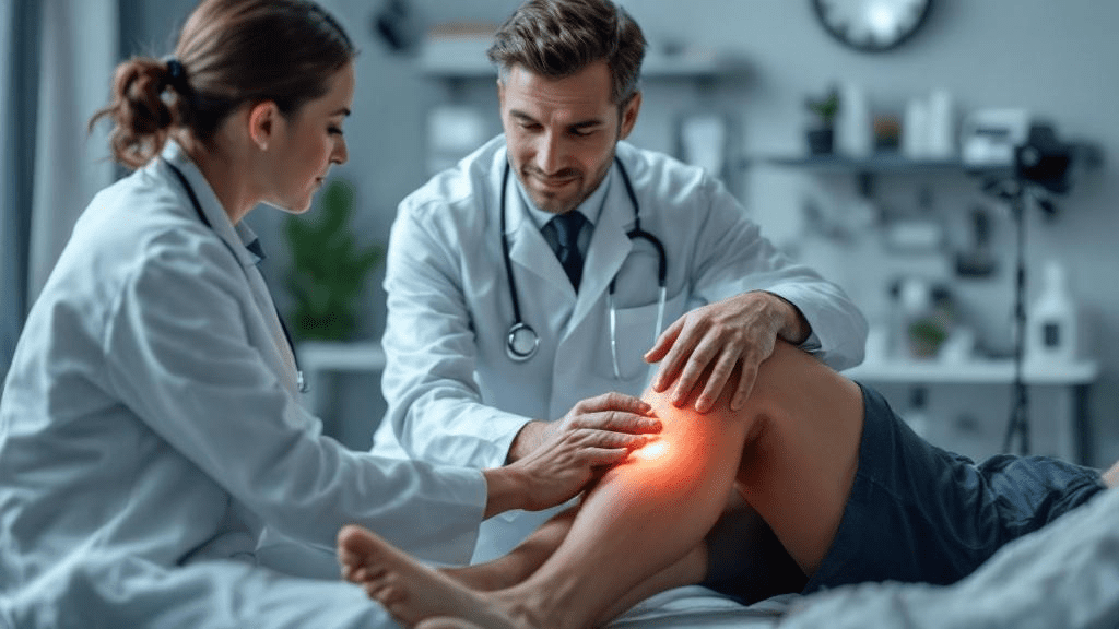 Sports medicine physician conducting thorough knee stability examination on athletic patient in clinical setting