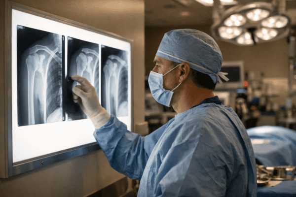 Fellowship trained shoulder surgeon reviewing X rays before shoulder surgery at FSI in Clermont Florida