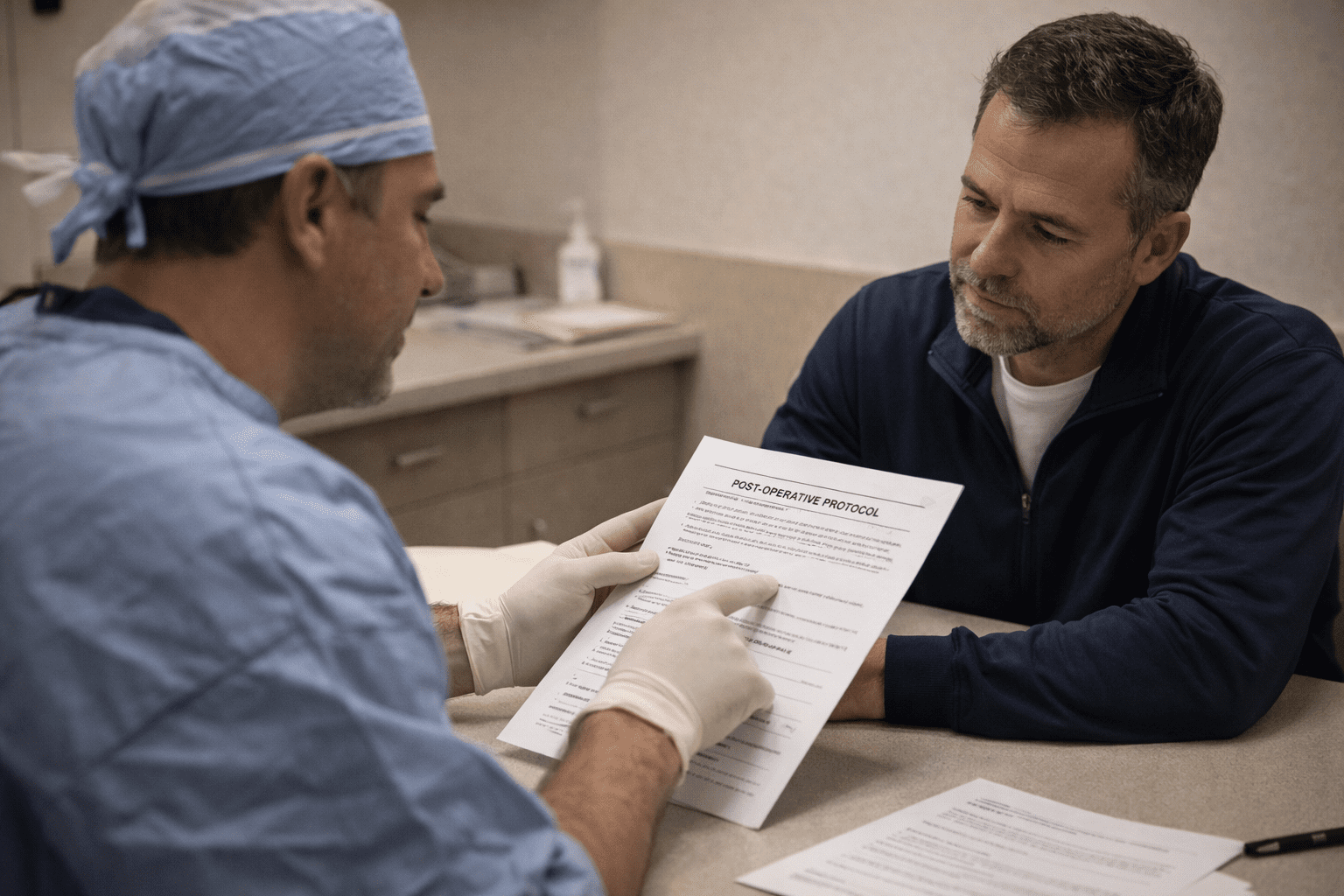 Shoulder surgeon and patient reviewing post-operative protocol and recovery timeline at FSI Clermont Florida