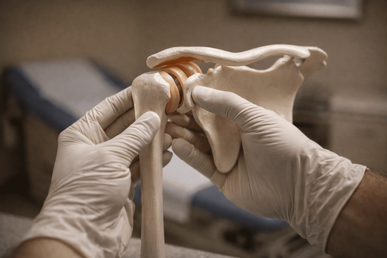 Orthopedic specialist examining shoulder joint model to explain surgery risks to patient in Clermont FL clinic