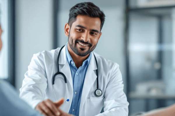 Orthopedic surgeon evaluating knee stability during ACL tear assessment in clinic