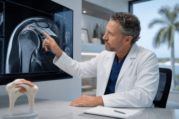 Rotator Cuff MRI Review FSI Orthopedic Florida Sports Injury Orthopedic specialist examining patient shoulder rotator cuff injury Florida clinic